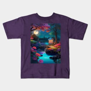 Enchanted Evening at a Tranquil Riverside Gazebo Under a Full Moon Kids T-Shirt